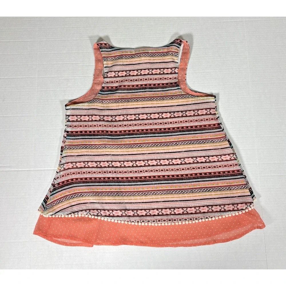 About a Girl Layered Boho Aztec Peach Polka Dot Pom Pom Hem Tank Striped Sz XS - Picture 8 of 8